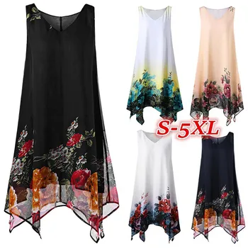 

Women Chiffon Dresses Plus Size S-5XL Floral Print Sleeveless Irregular Hem Mini Dress For Woman Sexy V-Neck Summer Boho Dress