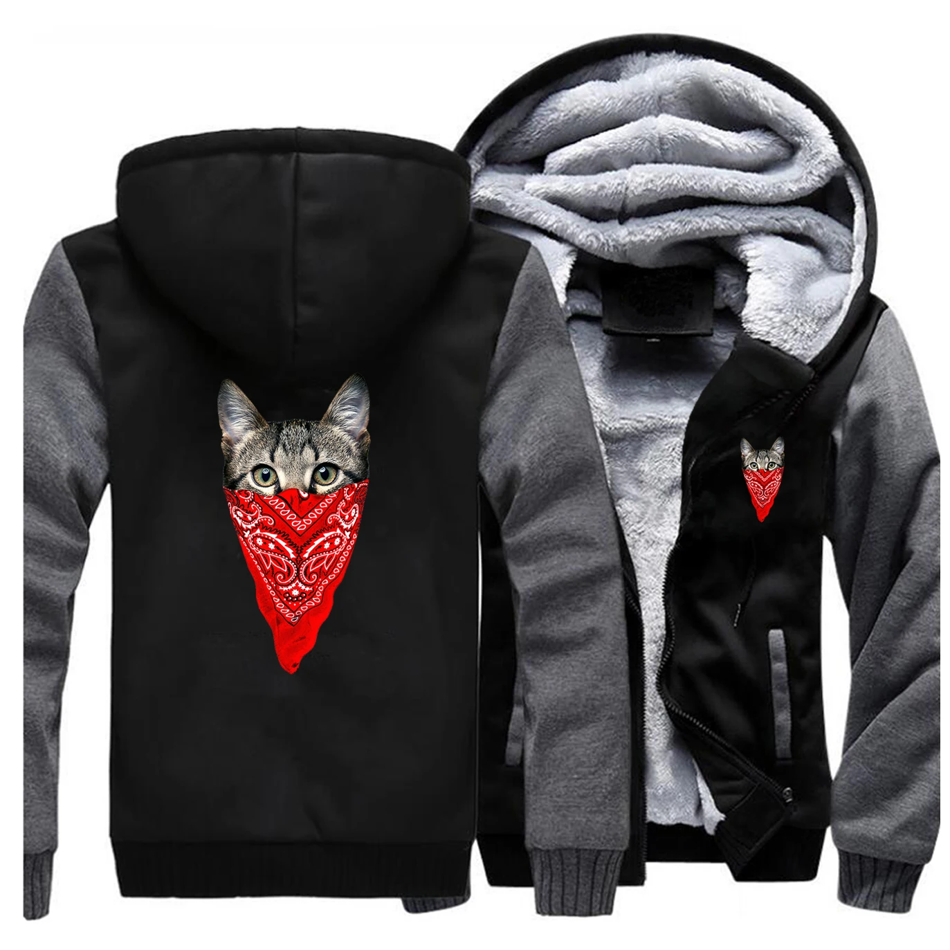 Принт с милой кошкой, Мужская Толстая Толстовка с капюшоном, осенне-зимнее пальто, мужская куртка на молнии с изображением животных кошек, Флисовая теплая Повседневная Уличная одежда - Цвет: Dark Gray Black