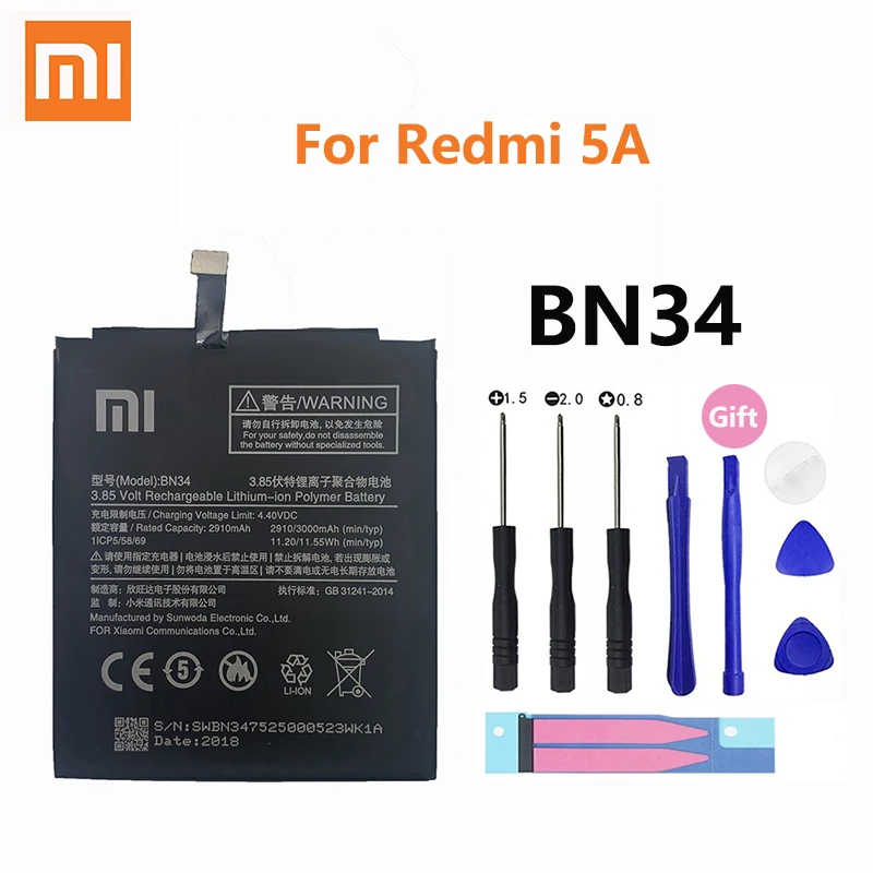 

100% Original Xiao Mi Battery BN34 3000mAh for Xiaomi Redmi 5A Redmi5A 5.0" High Quality Phone Replacement Batteries