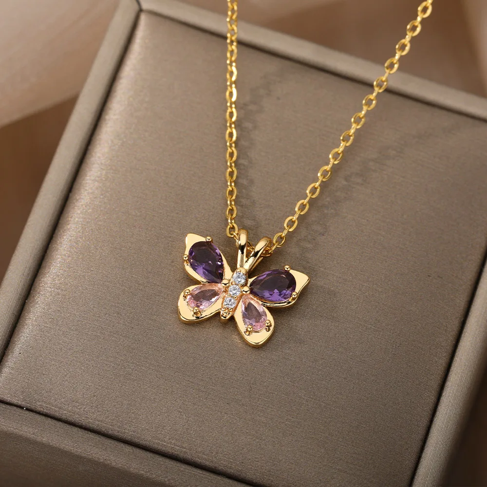 Collane a farfalla in cristallo per donna collana in acciaio inossidabile con ciondolo a forma di farfalla viola in cristallo regalo estetico per gioielli  36