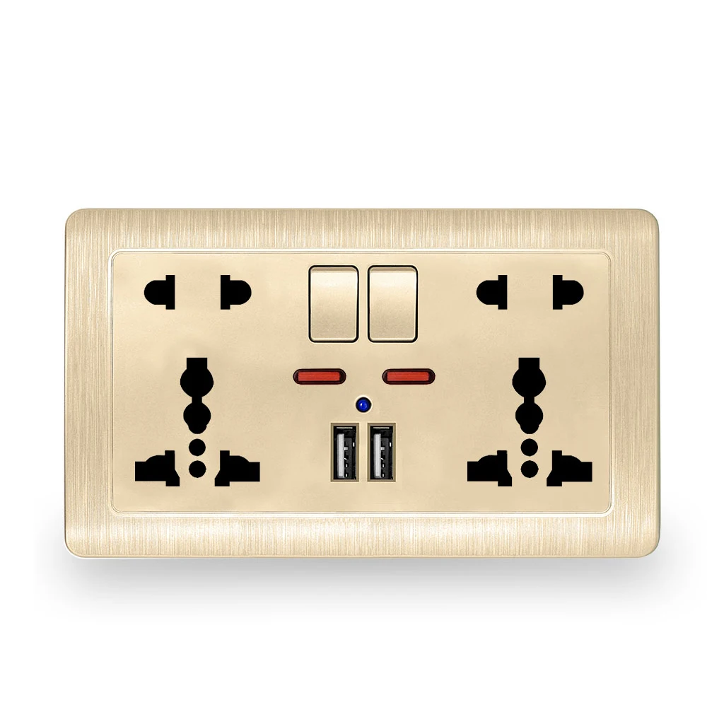 

Wall Power Socket Double Universal 5 Hole Switched Outlet 2.1A Dual USB Charger Port LED indicator 146mm*86mm Gold