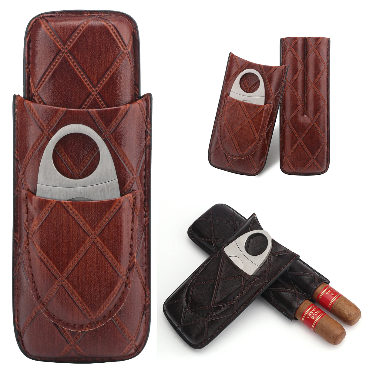 Cigar Case 2 Slots Leather Portable Humidor Box With Stainless Steel Cutter Travel Smoking Accessories