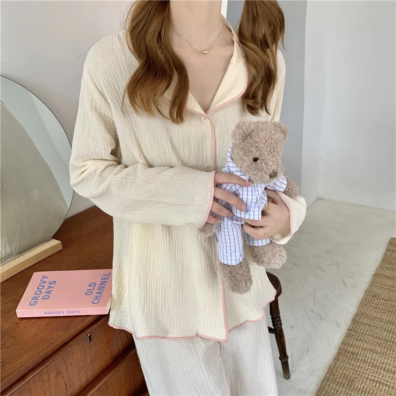 Single Breasted Shirts Tops + Trousers Set Two Piece Home Suit Solid Autumn Pajamas Set Korean Sweet Cotton Homewear Sleepwear cotton pjs