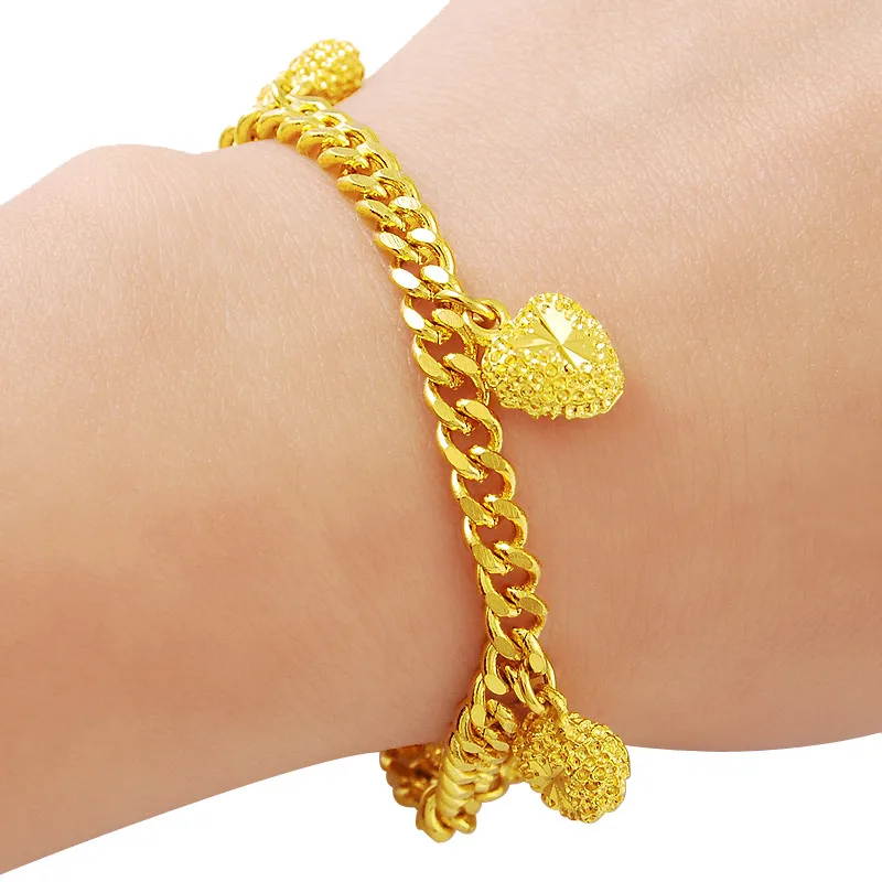 24k Gold Bracelet 4mm Heart-Shaped Pendant Plating Gold Fashion Bracelet Jewelry Gift