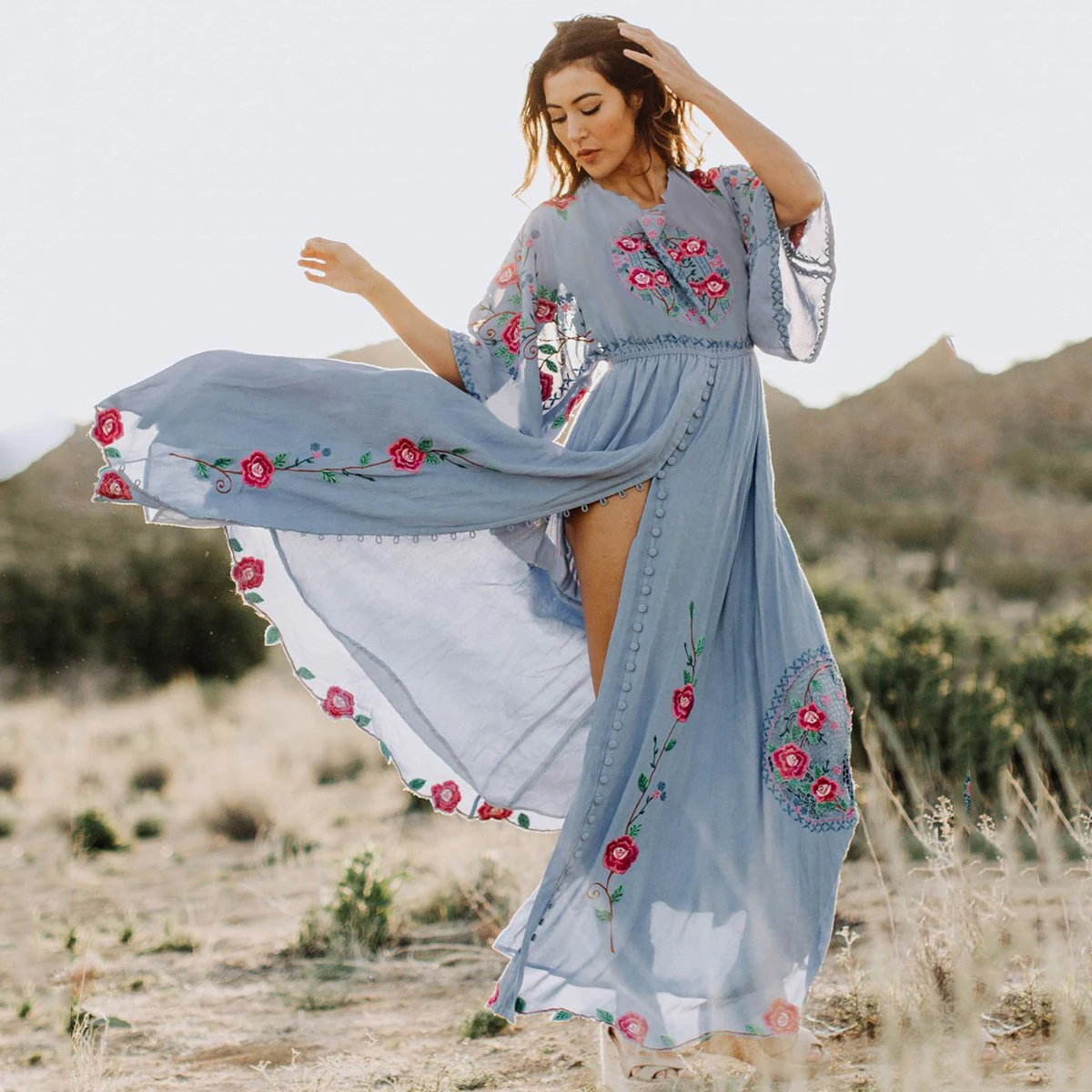 Boho шикарное вышитое платье с круглым вырезом и рукавами «летучая мышь», свободные женские платья, повседневное пляжное макси платье, летние платья Vestido
