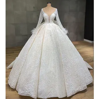 شراءVestidos دي Novia الوهم طويلة الأكمام الكرة ثوب الزفاف الفاخرة الديكور يزين أثواب الزفاف الكشكشة عودة فستان عروس