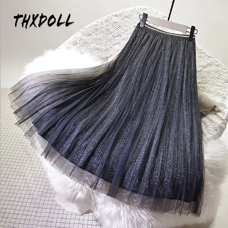 

High Waist Tulle Skirt High Quality Stress Swear Fashion Women Mid Skirt Calf Pleated Skirts Womens