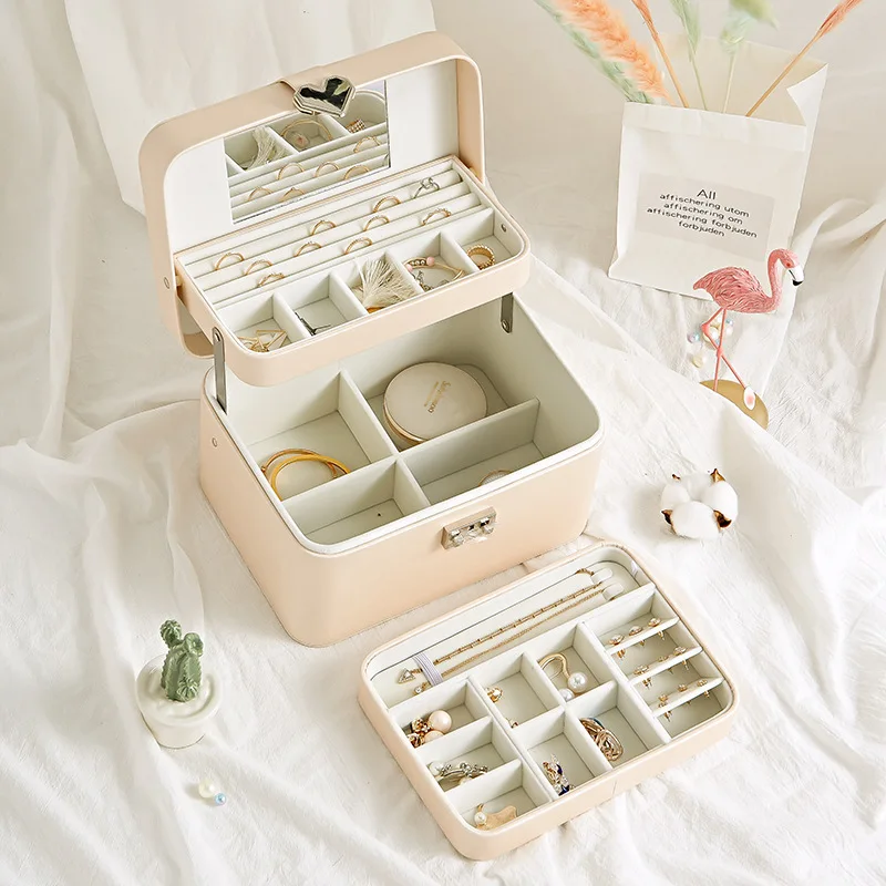 Three-layer Jewelry Cassette Mirror High-end Simple Earrings Ring Bracelet Necklace Jewelry Storage Box Gift Dressing Case