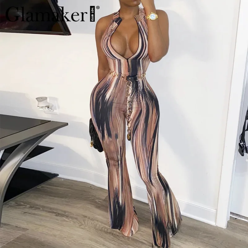 

Glamaker Camouflage print zipper wide leg jumpsuit Women sexy sleeveless club playsuit Fashion high street wear female jumpsuit