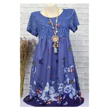 Летнее кружевное платье с цветочным принтом, женское платье с коротким рукавом ампир размера плюс, платье трапециевидной формы, Повседневное платье большого размера с цветочным принтом