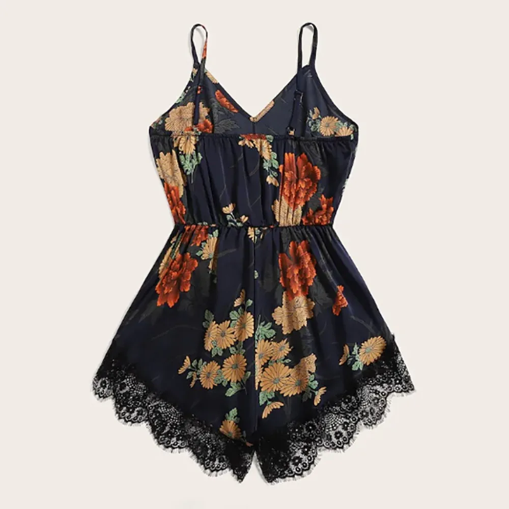 New Arrival 2019 Sexy Silk Flower Print Bodysuit Women Summer Lace V Neck Spaghetti Strap Club Bodysuits Fashion Body Top