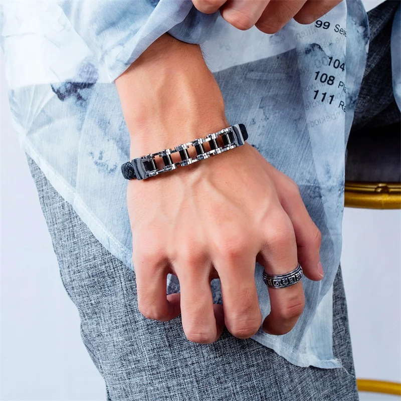 Азиз BEKKAOUI панк из нержавеющей стали локомотив цепи браслеты для мужчин винтаж мужской кожаный браслет веревочный браслет подарок Прямая поставка