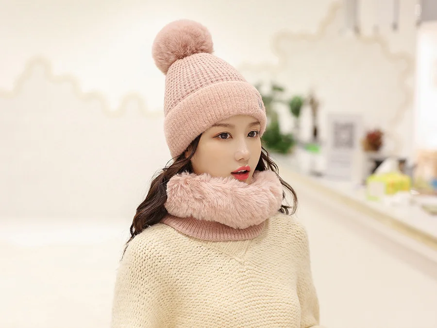 new cashmere beanie scarf set embroidery letter beanie solid color fur scarf set pom poms beanie