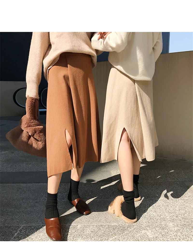 BGTEEVER, винтажный толстый женский свитер, юбка, Осень-зима, с разрезом по бокам, женские вязаные юбки, элегантная трапециевидная Женская юбка