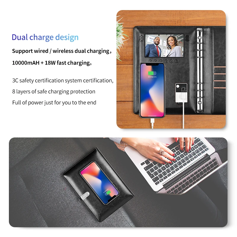 Business Hot Selling Loose Leaf Binding Agenda Refillable Video Screen Smart Wireless Notebook with Powerbank