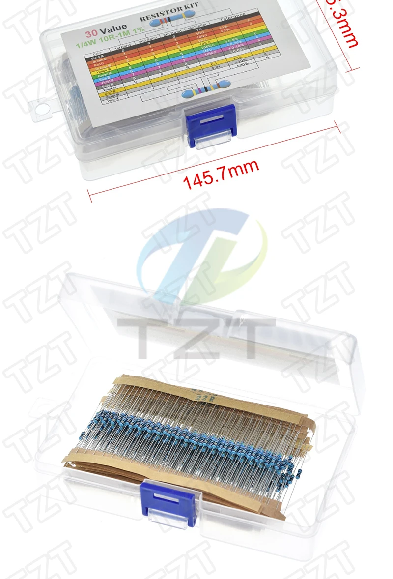 TZT 600 teile/satz 30 Arten 1/4 W Widerstand 1% Widerstände Pack Kit 1K 10K 100K 220ohm 1M Widerstände 300 teile/satz – Detail 2