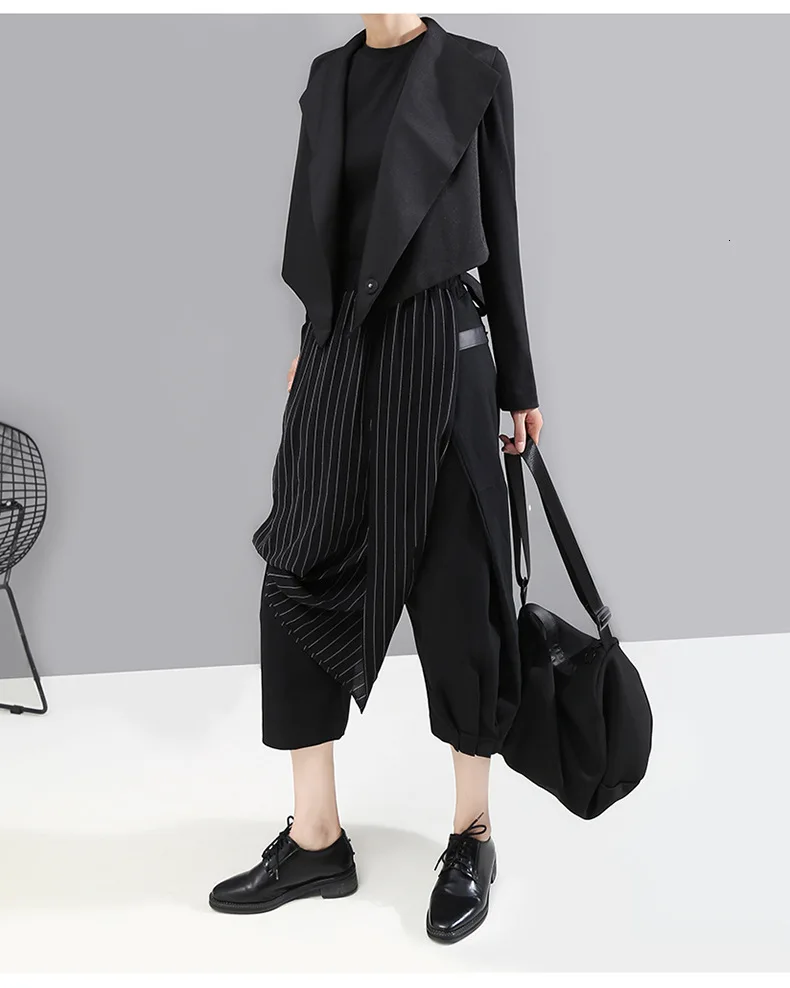 [EAM] High Elastic Waist Striped Black Asymmetric Trousers New Loose Fit Pants Women Fashion Tide Spring Autumn 1A933