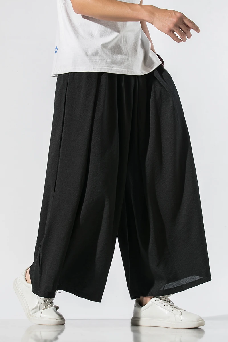 Men Linen Baggy Pants Mens Chinese Style Draped Solid Cotton Pants Man Traditional Wide Leg Male Hip Hop Trousers