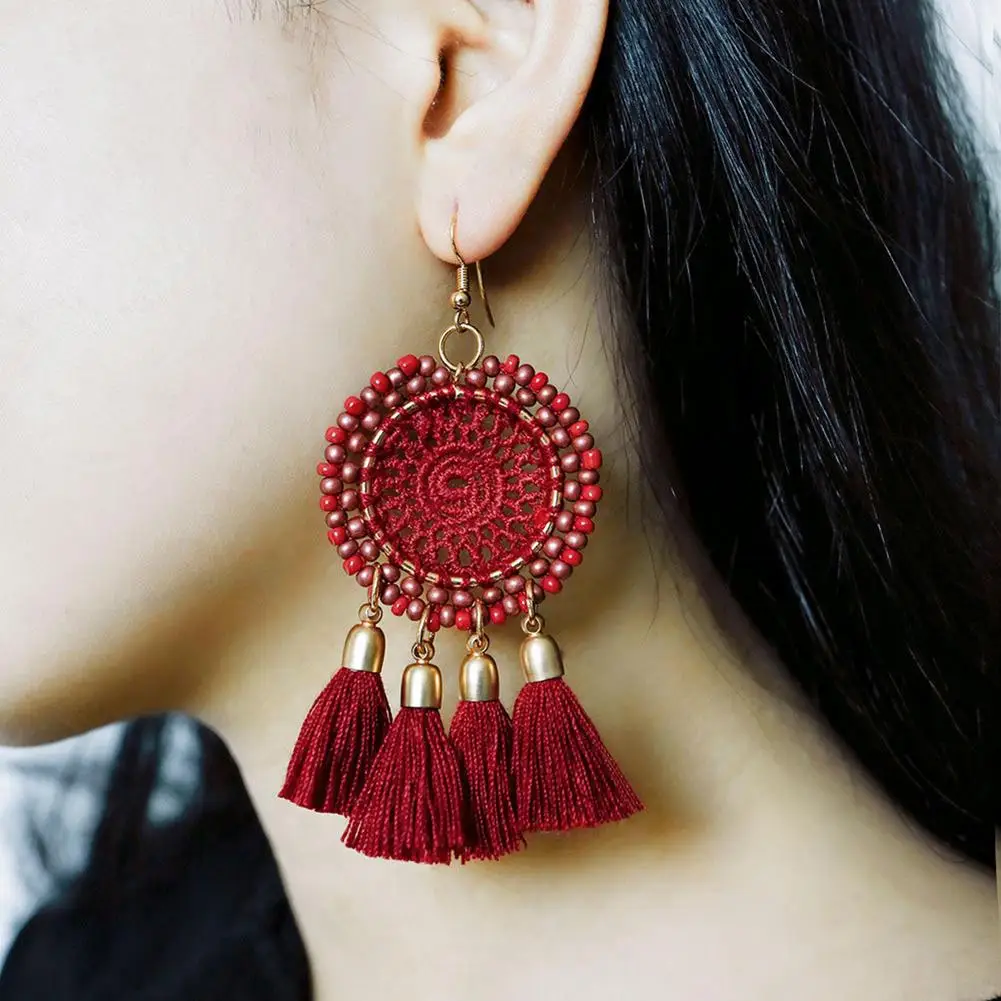 

2019 New Arrival Boho Crochet Dreamcatcher Tassel Statement Women Hook Earrings Party Jewelry Earrings For Woman Tassel Decor Ho