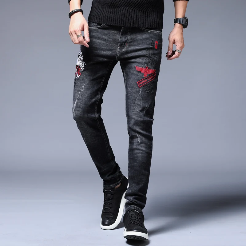 Buy High Quality Jeans Men's Jeans Denim Pants Slim Straight Regular Fit Leisure Long Trousers Jean Men Embroidery Print trousers