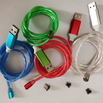 

60 pcs Colorful LED Flowing 3-in-1 Magnetic Charger Cable Shining Charge Cable with 3 adapters with box by free DHL