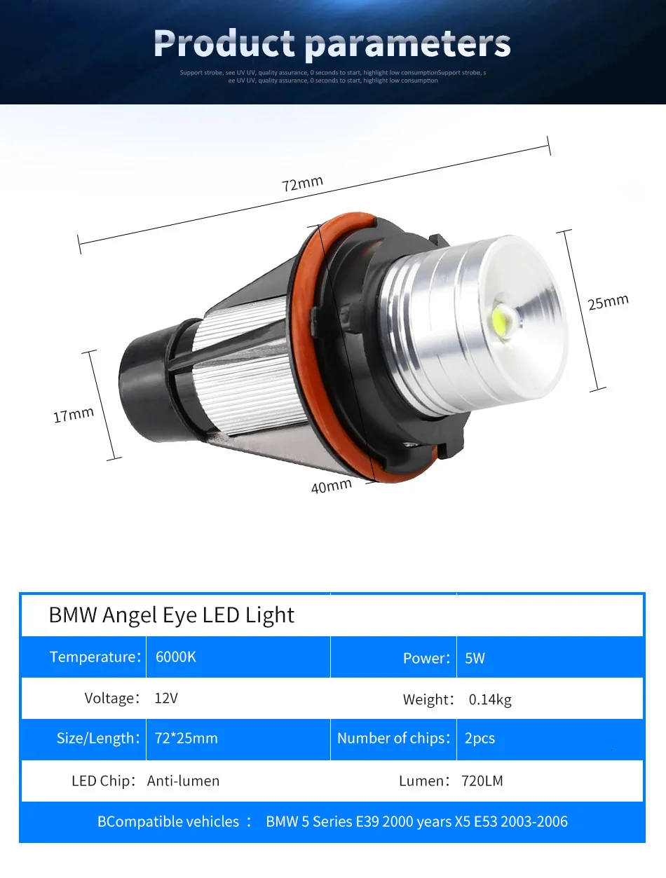 Комплект из 2 предметов, 5W 6000K светодиодный кольцевой светильник для погрешность не лампа угол глаза гало Xenon маркер для BMW E39 E87 E83 E53 E60 E61 E63 E64 E65 E66 X5 X3