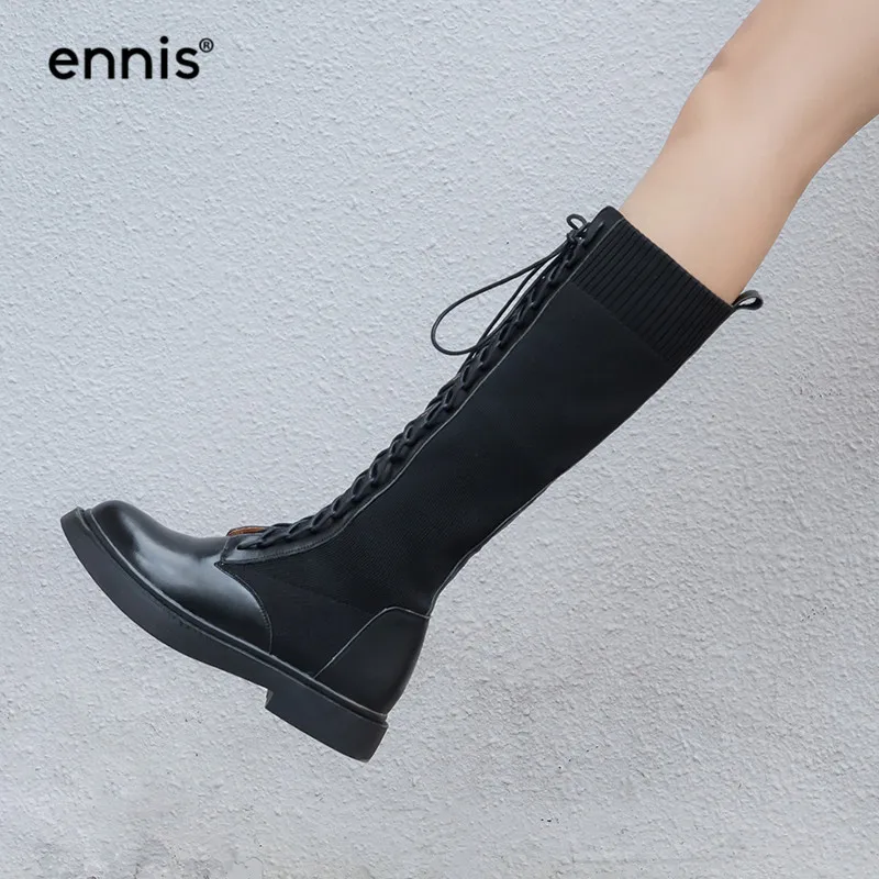 ENNIS/модные черные сапоги до колена в уличном стиле; женские сапоги из натуральной кожи на плоской подошве со шнуровкой; зимняя эластичная обувь в стиле панк с круглым носком; Новинка; L933