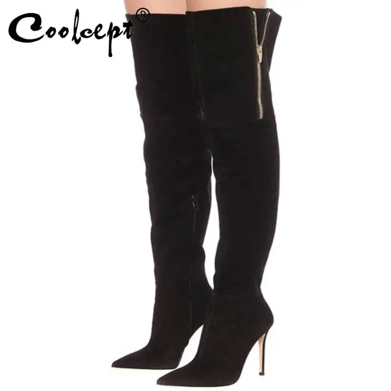 

Coolcept Plus Size 35-48 Nubuck Leather Over The Knee High Boots Side Zipper Stiletto High Heel Shoes Pointed Toe Footwear