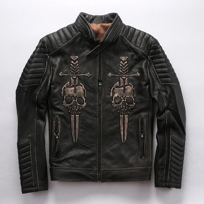 

2020 Autumn Winter Thick Cowhide Men Vintage Steel-print Skull Genuine Leather Coat Stand Collar Double-sword Warm Jacket