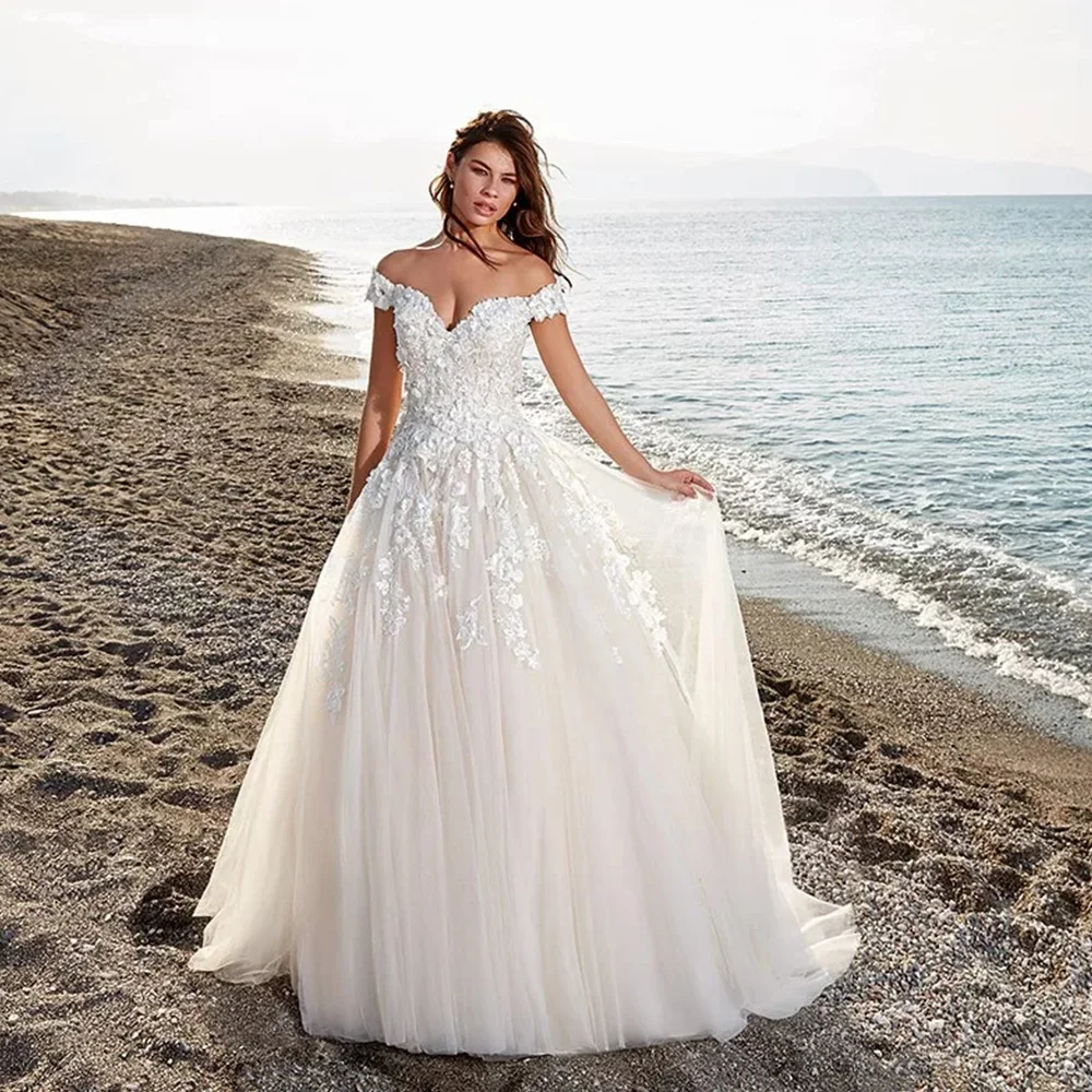 Vestido de Noiva/Свадебные платья трапециевидной формы с открытыми плечами с аппликацией из тюля, роскошные винтажные платья с открытой спиной Abiti da Sposa