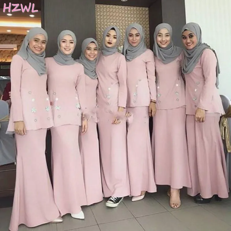 Розовое мусульманское платье подружки невесты 2021 с круглым вырезом и длинным