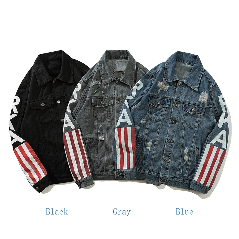 BF High Street джинсовая куртка мужская осень зима американский флаж Полосатый Принт Свободные дыры рваные джинсовая куртка Мужская Уличная одежда