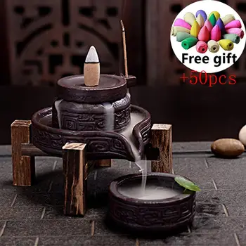 

Three-piece Suit Backflow Incense Burner Ceramic Incense Base with Wooden Frame & Pots Incense Cones Censer for Home Decor