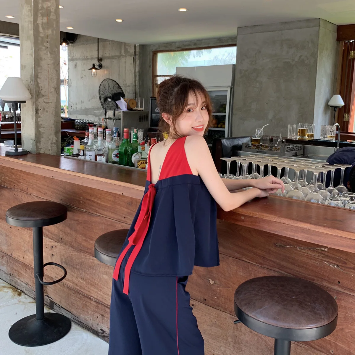 

2020 New Style Fashion Western Style Slimming Top Shirt with Narrow Straps Versatile High-waisted Loose Pants WOMEN'S Suit Chiff