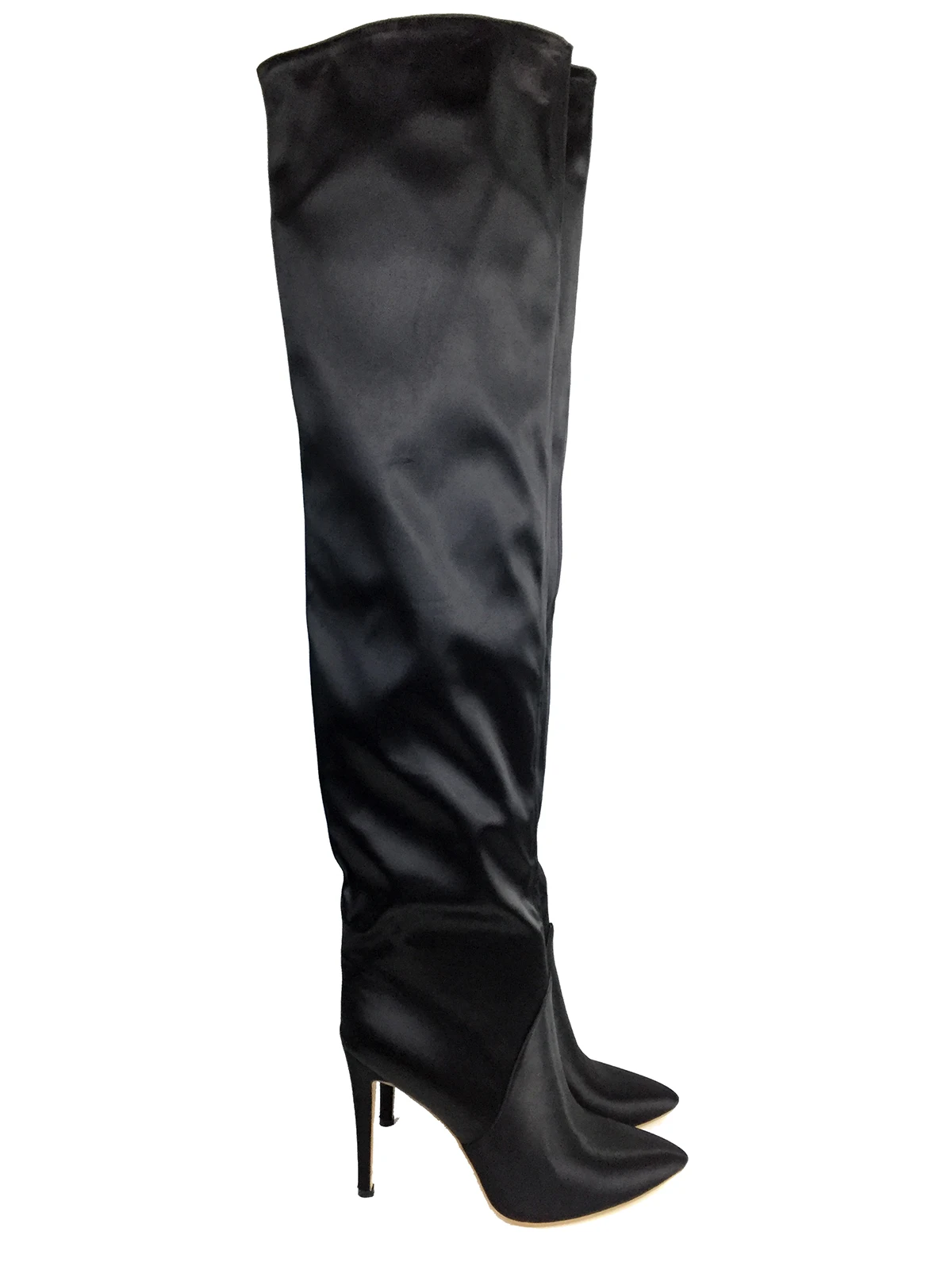 Женские сапоги выше колена с острым носком на высоком каблуке; зимние высокие сапоги до бедра; модная женская обувь черного цвета с атласным носком на молнии
