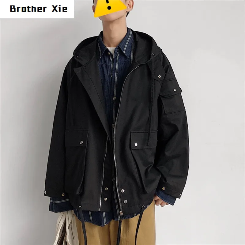 

Autumn Tooling Jacket Men Fashion Solid Color Casual Large Pocket Hooded Jacket Man Streetwear Wild Hip Hop Loose Bomber Jacket