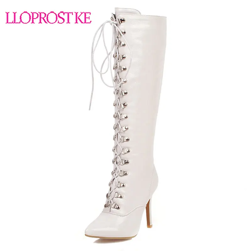 

Lloprost ke 2020 plus size 48 women knee high boots pointed toe cross tied zip autumn winter boots wedding high heel shoes woman