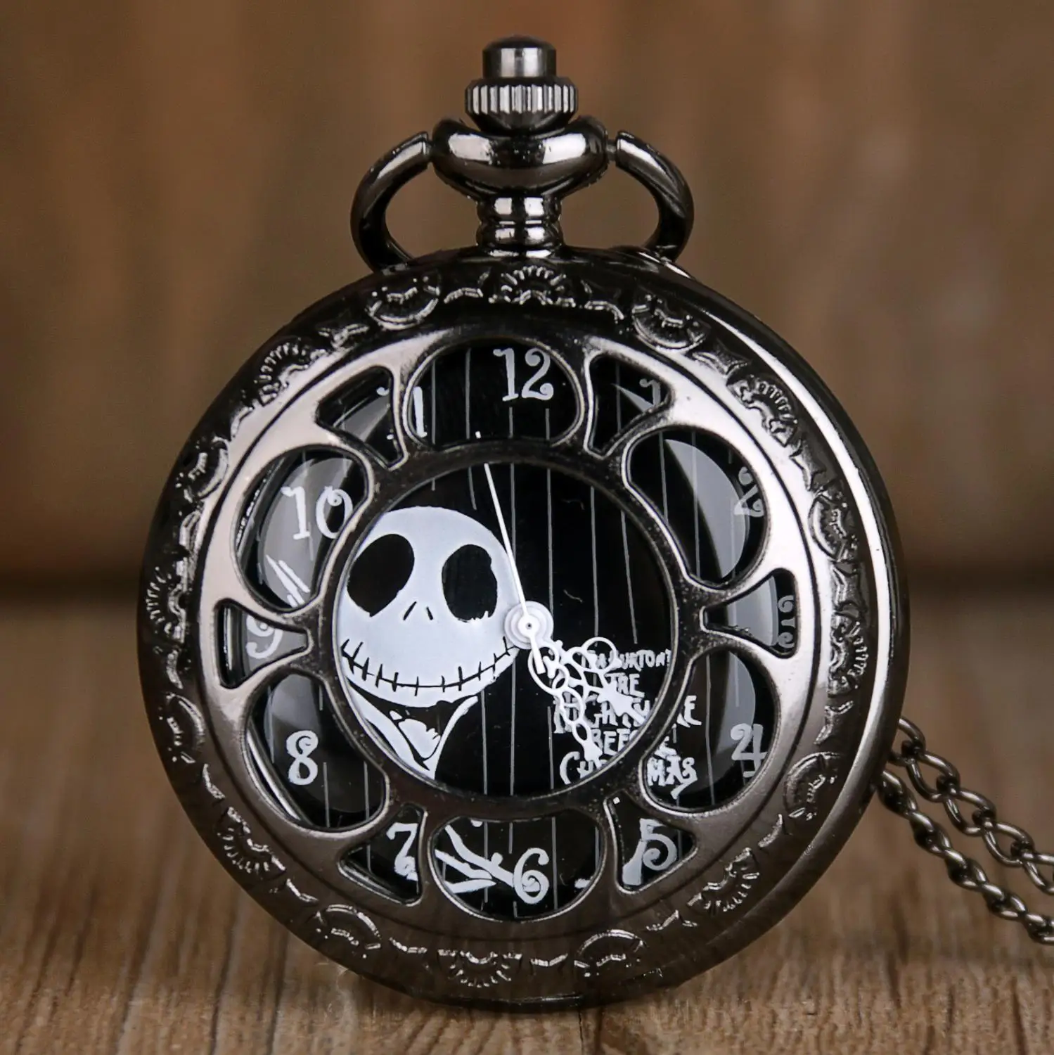

Black Steampunk Pocket Watches Tim Burtons Nightmare Before Christmas Flower Case Hollow Quartz Pocket Watches For Mens Womens