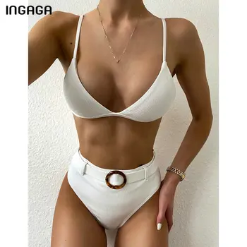 

INGAGA High Waist Bikinis Swimwear Women White Push Up Swimsuits Solid Belted Bikini Set High Cut Biquini Bathing Suit Women