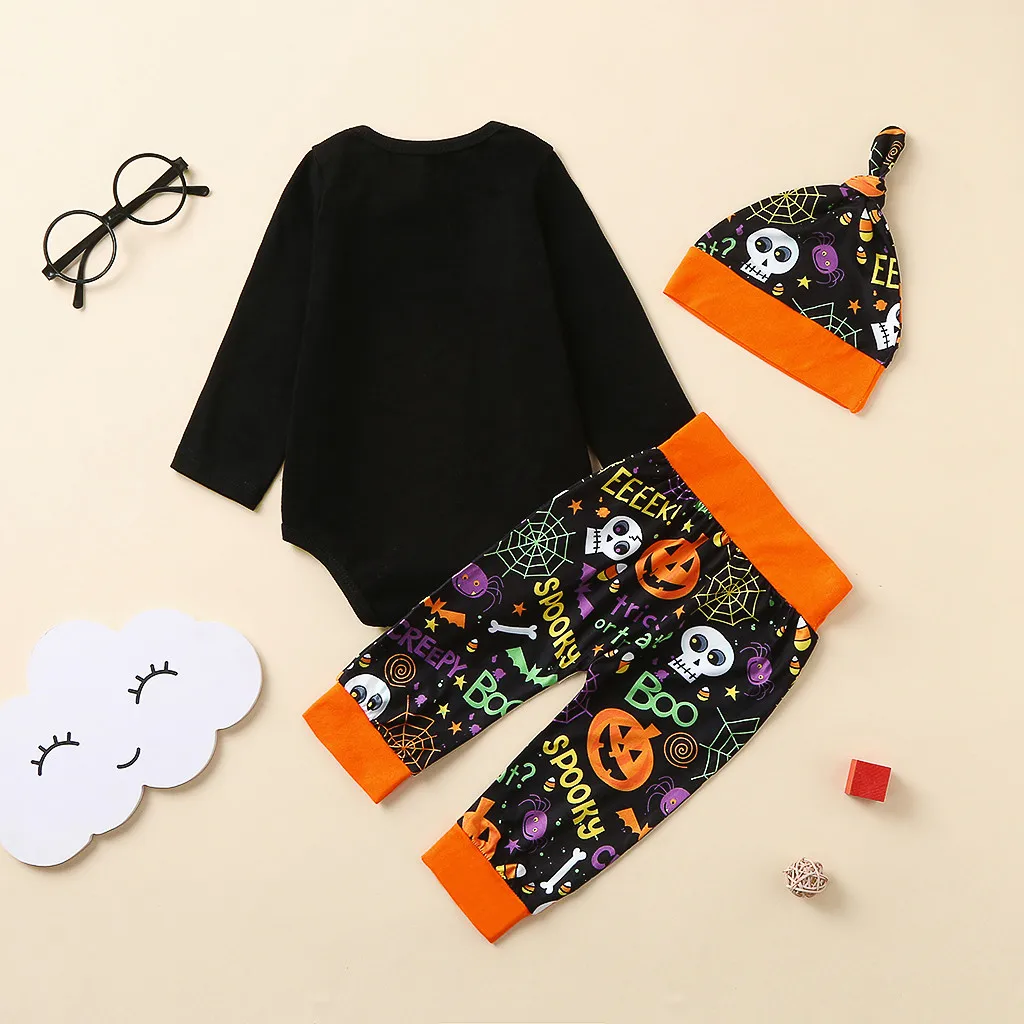 New Winter Party-wear Costume Infant Clothing Set Baby Boy Girl Halloween Letter Romper Bodysuit+Cartoon Pants+Hat Outfits