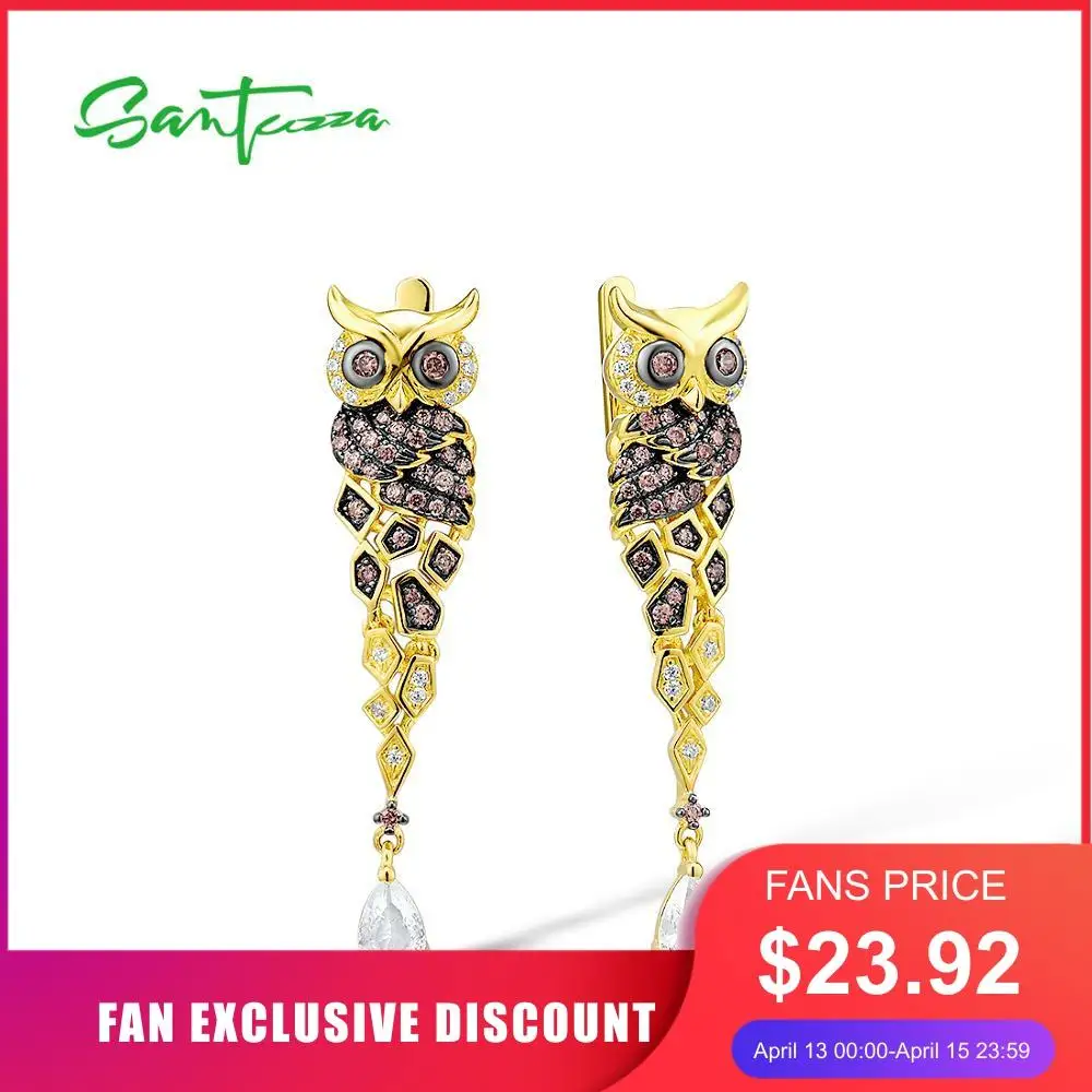 

SANTUZZA Silver Earrings For Women 925 Sterling Silver Gold Color Sparkling Chocolate CZ Creative Owl Drop Earrings Fine Jewelry