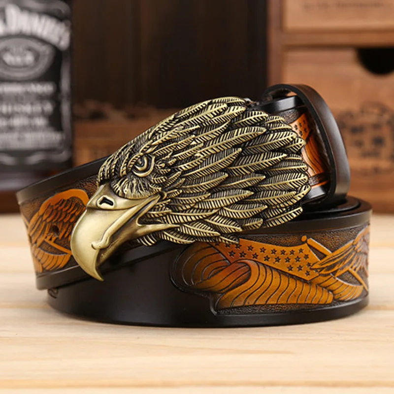 

Man's eagle Vulture buckle leather Belt high-grade cowhide carve pattern vintage luxury belt casual wild belt p38 vulture buckle