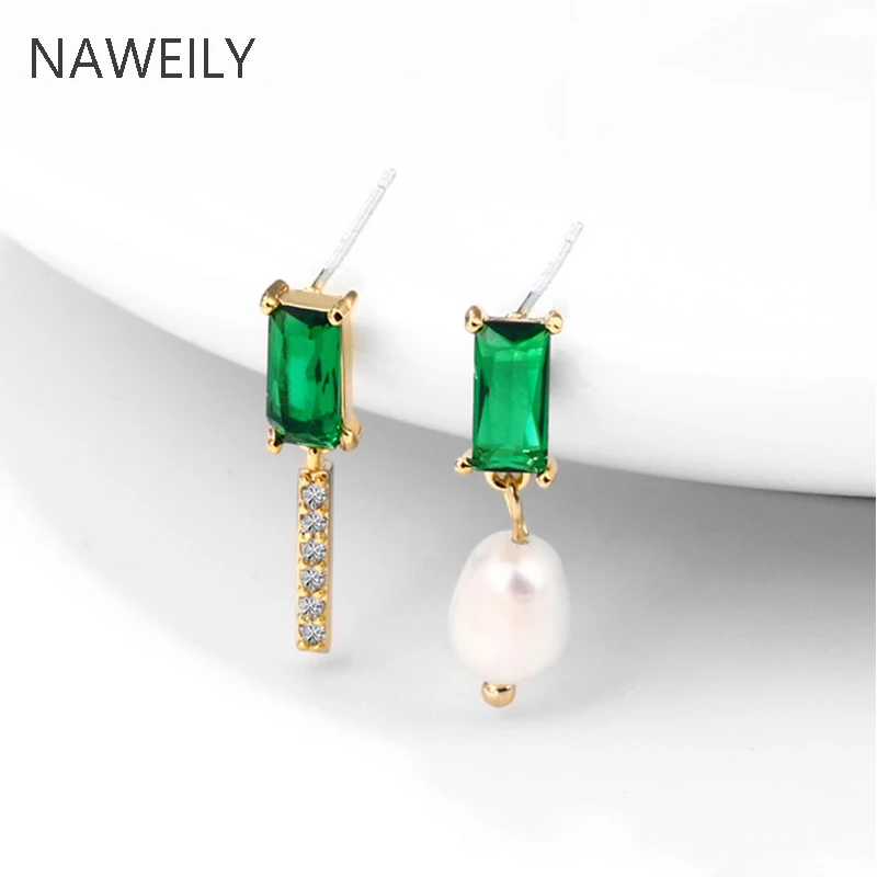 Elegant-Pearl-Stud-Earring-Genuine-Freshwater-Pearls-Earrings-For-Women-Chic-AB-Design-Asymmetric-Green-Crystal