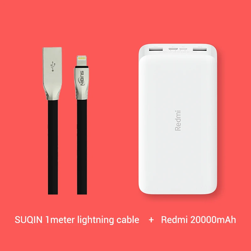 Xiaomi Redmi power Bank 20000 мАч портативное зарядное устройство батарея с двойным USB выходом 18 Вт Max для мобильных телефонов iPhone Android usb type C in - Цвет: add Lightning cable