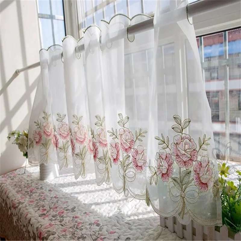 Flower Tulle Красный цветок Вышивка Половина занавески украшения дома двери окна Простой Романтический занавес перегородка Роза кухня шторы DL-HM139#3 - Цвет: Flower Tulle