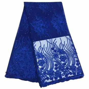 

royal blue Nigerian Lace Fabric High Quality Embroidered Tulle Lace Fabric With Beads Stones Guipure Lace Trim Dress FFY819
