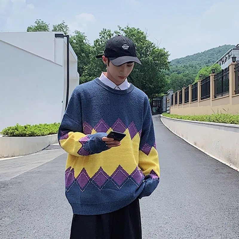 Autumn Sweater Men Fashion Contrast Color Casual Knit Sweaters Men Streetwear Loose Long-sleeved Pullover Sweter Clothes M-2XL Autumn Sweater Men Fashion Contrast Color Casual Knit Sweaters Men Streetwear Loose Long-sleeved Pullover Sweter Clothes M-2XL
