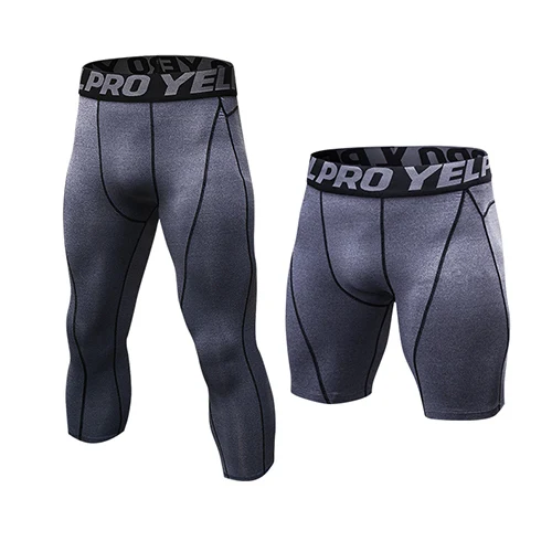 Серый Высокие эластичные Мужские штаны для бега из 2 предметов 3/4 леггинсы+ шорты для фитнеса быстросохнущие мужские спортивные шорты - Цвет: Серый