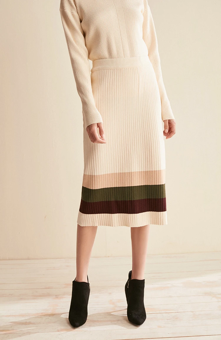 CMAZ осенне-зимняя повседневная узкая юбка в полоску, женская модная прямая юбка длиной до середины икры с высокой талией CMAZ19C7401 - Цвет: apricot