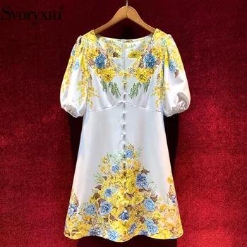 

Svoryxiu Designer Fashion Summer V-Neck Dress Women's luxury Sequins Diamond Single-Breasted Flower Print Short Dresses